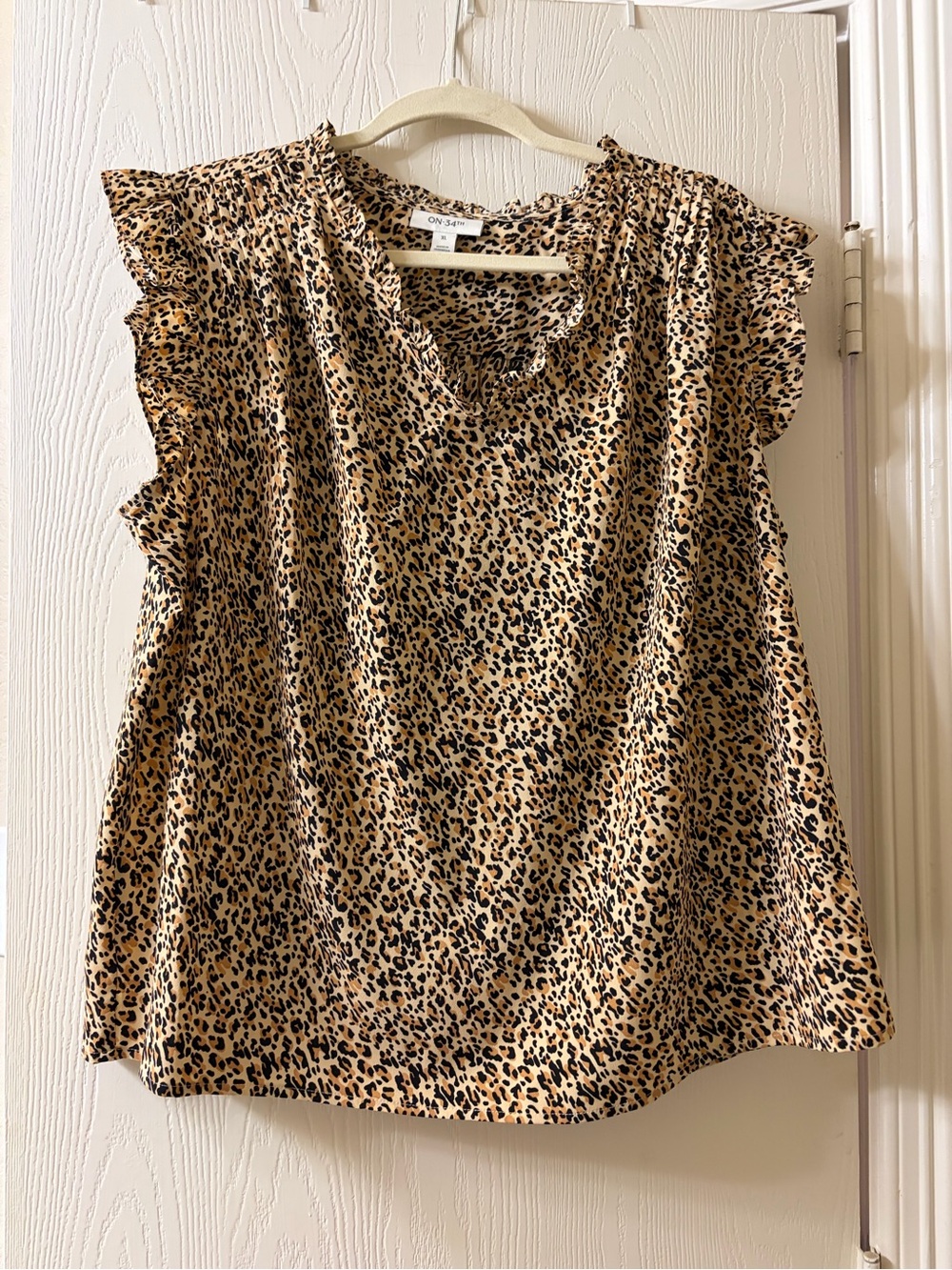 On 34th Leopard Print Ruffle-Sleeve Top in Tan and Black